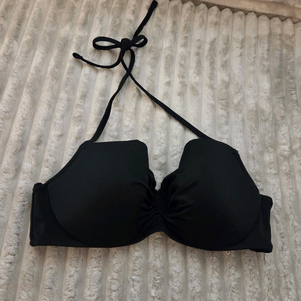 Smart & Sexy Black Push Up Bikini Top 34D Underwire Halter Swim Center Cinch - Picture 2 of 11